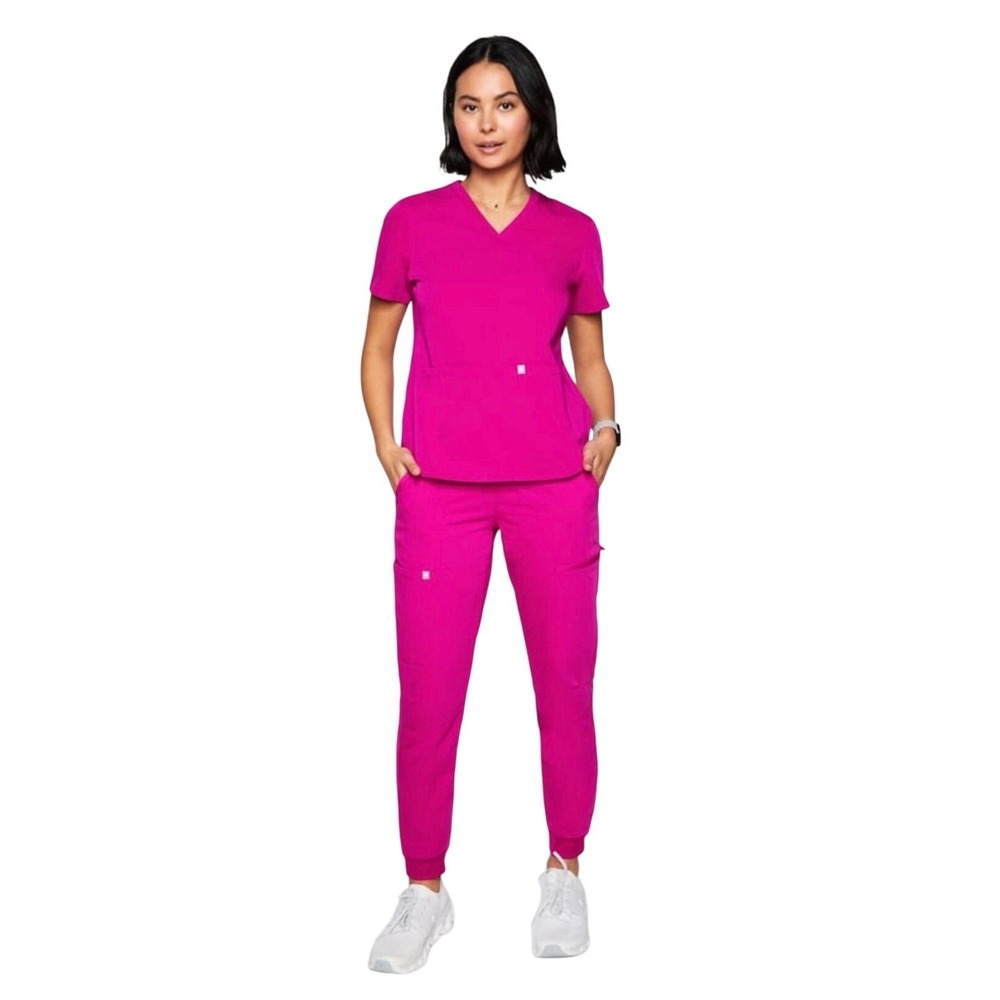 Fabletics womens pink‎ jogger scrub set size large top medium small bottoms